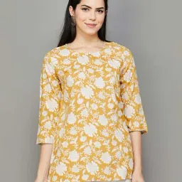 Melange by Lifestyle Yellow Floral Print Straight Short Kurti-image-82