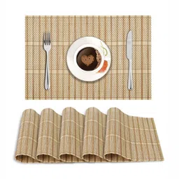 HOKIPO Cream-Coloured & Brown 6 Pieces Rectangle Striped Reversible Bamboo Table Placemats-picture-13