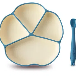 CUBKINS Silicone Suction Plate with Early Feeding Bendable Spoon for Feeding Babies | BPA Free, Washable and Reusable Feeding Plate with 4 Compartments (Blue Olive) image 1