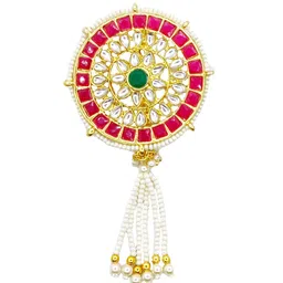 shecario Saree Pin | Gold Plated Sari Brooch With Pink Kundan| Safety Pin for Nauvari Saree, Lehanaga, Dressing Brooch Pin For Women & Girls - Set of 1 image 1