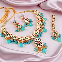 LUCKY JEWELLERY 18k Gold-Plated Kundan-Studded & Beaded Jewellery Set image 3