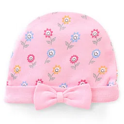 Babyhug 100% Cotton Knit Cap Floral Print With Bow - Pink-image-25