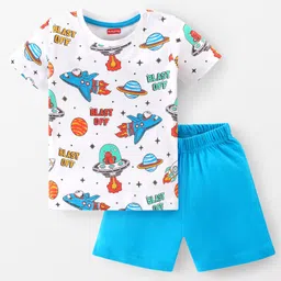 Babyhug Cotton Knit Half Sleeves Night Suit With Rocket Print - White & Blue-image-96