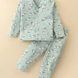 Ollypop Sinker Knit Full Sleeves Front Open Night Suit with Skateboard & Text Print - Light Green-picture-10