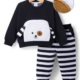 Mark & Mia Fleece Knit Full Sleeve Oversize Winter Wear T-Shirt & Joggers Set with Stripes Pocket Applique & Ear Detailing - Black-picture-24