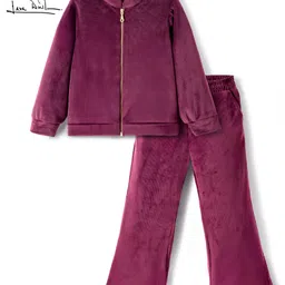 arias by lara dutta Arias Corduroy Knit Full Length Solid Color Front Open Jacket With Flared Pants Set - Wine-picture-23