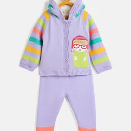 JWAAQ Cotton Knit Full Sleeves Doll Embroidered & Fur Detailed Hooded Sweater With Pant Set - Purple-picture-49