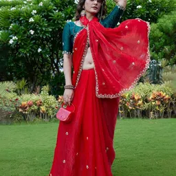 K 5 Fashion Floral Embroidered Beads and Stones Pure Chiffon Saree image 3