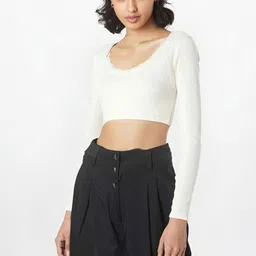 Outzidr Solid Back Less Tie Up Full Sleeves Crop Top image 3