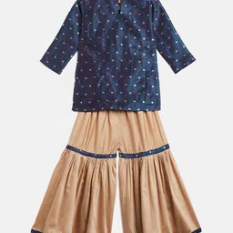 Vastramay Three Fourth Sleeves All Over WivenCubic Motif Designed Kurta With Coordinating Sharara - Blue & Rose Golden image 4