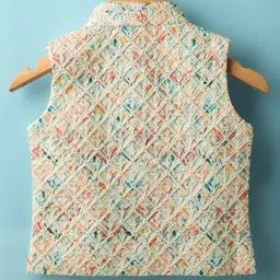 Little Bull Full Sleeves Floral Threadwork Detailed Kurta & Pyjama Set With Jacket - Peach image 5