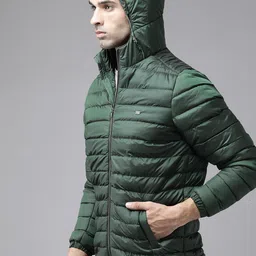 Roadster Men Olive Green Solid Hooded Puffer Jacket image 3
