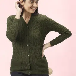 Honey by Pantaloons Olive Green Self Pattern Cardigan-image-16