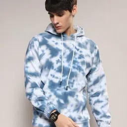 Campus Sutra White & Blue Regular Fit Tie - Dye Hooded Sweatshirt-image-35