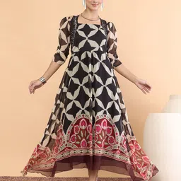 Antheaa Women Geometric Print Puff Sleeve A-Line Maxi Dress-image-84