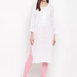 ADA Women White Chikankari Embroidered Straight Sustainable Handloom Kurta-picture-23