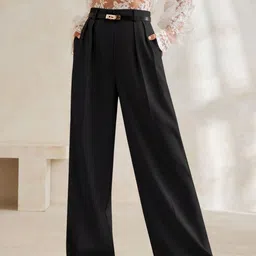 FNOCKS Women Relaxed Straight Leg High-Rise Pleated Trousers-image-5