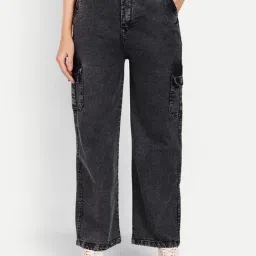 Broadstar Black Denim Relaxed Fit High Rise Cargo Jeans-image-34
