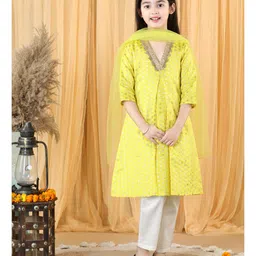 Piccolo Three Fourth Sleeves All Over Flower Motif Detailed A Line Silk Brocade Kurta With Salwar & Dupatta - Yellow-picture-31