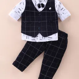 Mini Taurus Cotton Knit Full Sleeves Checkered 3 Piece Party Suit with Attached Bow - Blue-picture-21