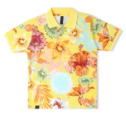 Earth Conscious Pure Cotton Half Sleeves Floral Printed Polo Tee - Yellow-picture-19