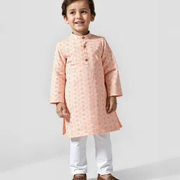 Babyhug Cotton Woven Full Sleeves Kurta Pyjama Set With Schiffli Embroidery - Light Orange-image-42