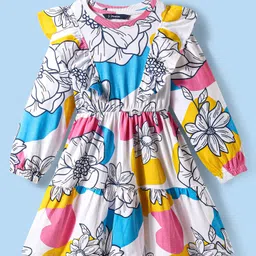 Pine Kids Cotton Knit Full Sleeves Frock With Floral Print & Frill Detailing - White-picture-12