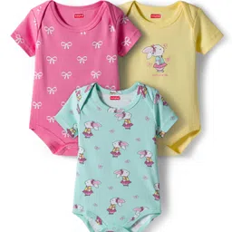 Babyhug 100% Cotton Interlock Knit Half Sleeves Onesies With Animal Print Pack Of 3 - Light Blue Yellow & Pink-picture-19