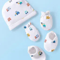 Babyhug 100% Cotton Knit Cap Mittens & Booties with Vehicle Print White - Diameter 16 cm-image-71