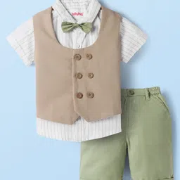 Babyhug Cotton Woven Half Sleeves Striped Shirt & Shorts Set with Jacket & Bow - Beige & Light Green-picture-12