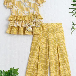 The Magic Wand Cotton Woven Half Puffed Sleeves Striped & Leaves Printed Top With Palazzo Set - Mustard-picture-38