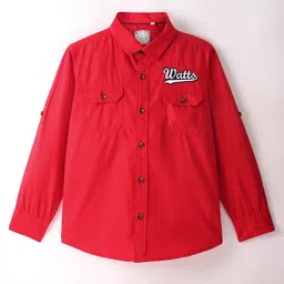 INFINITY Cotton Woven Full Sleeves Watts Text Embroidered Shirt - Red image 3