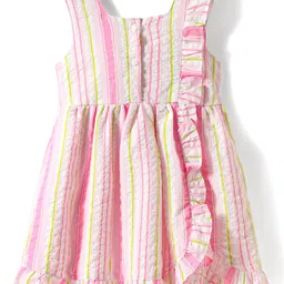 Babyhug Single Jersey Knit Sleeveless Striped Frock with Headband with Frill Detailing - Pink image 2