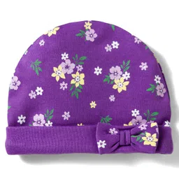 Babyhug 100% Cotton Knit Cap Mittens And Booties Set with Floral Printed Purple - 11 cm Diameter image 2