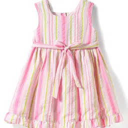 Babyhug Single Jersey Knit Sleeveless Striped Frock with Headband with Frill Detailing - Pink image 3