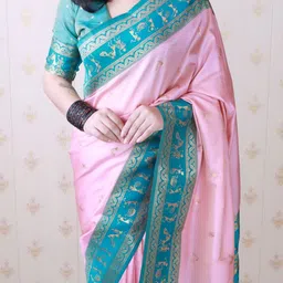 all about you Ethnic Motifs Zari Silk Blend Handloom Banarasi Saree image 3