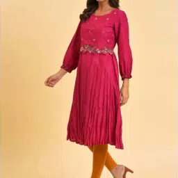 W Pink Embroidered A Line Kurta image 3