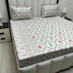 Pure Decor Royal Passion Green & Grey Pure Cotton 220 TC Queen Bedsheet Set 2.28 m x 2.54m-image-30