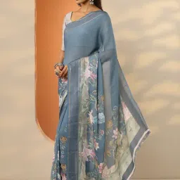 Libas Grey Regular Fit Floral Print Saree With Unstitched Blouse image 3