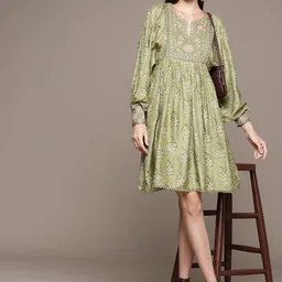 Ritu Kumar Floral Print Puff Sleeve A-Line Dress-image-72