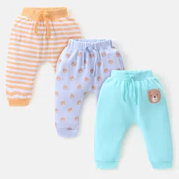 Babyhug Cotton Full Length Diaper Pants Stripes & Bear Print Pack Of 3- Blue & Orange-picture-17
