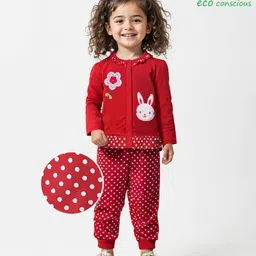Babyoye Eco Conscious 100% Cotton Knit Full Sleeves Winter Wear Suit with Floral Embroidery & Polka Dots Print - Red-picture-28