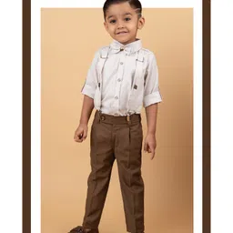 LITTLE COLLARS Full Sleeves Abstract Printed Shirt With Attached Waistcoat & Bow Trousers Set - Brown-picture-14