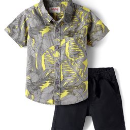 Babyhug Cotton Woven Half Sleeves Shirt & Denim Shorts Set With Leaf Print - Grey & Black-picture-24