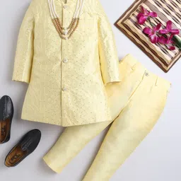 Ahhaaaa Silk Blend Full Sleeves Leaves Embroidered Sherwani & Pant Set - Yellow-picture-18