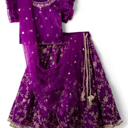 Babyhug Glass Nylon Woven Frill Sleeves Choli Lehenga & Dupatta Set with Floral Embroidery - Purple-picture-24