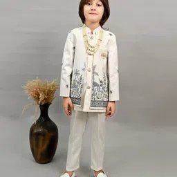BT DEZINES Satin Woven Solid Sherwani Trouser With Full Sleeves Floral Embroidered Jacket & Necklace Set - Off White-picture-28