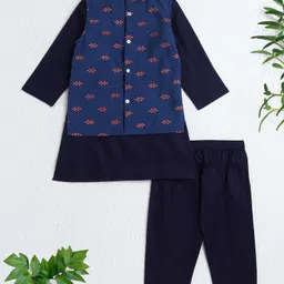 The Magic Wand Cotton Woven Full Sleeves Solid Kurta & Pyjama With Floral Printed Jacket Set - Navy Blue-picture-17