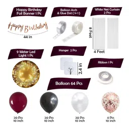Bubble Trouble Black & Maroon Birthday Decoration Items 72Pcs Happy Birthday Decoration Kit with Metallic Balloons | Maroon & Black Decorations | DIY Combo Kit | Net Curtains | Balloon Arch Strip image 2