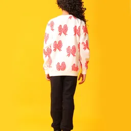 Anthrilo Fleece Knit Full Sleeves Bow Printed Sweatshirt With Joggers - White & Black image 3